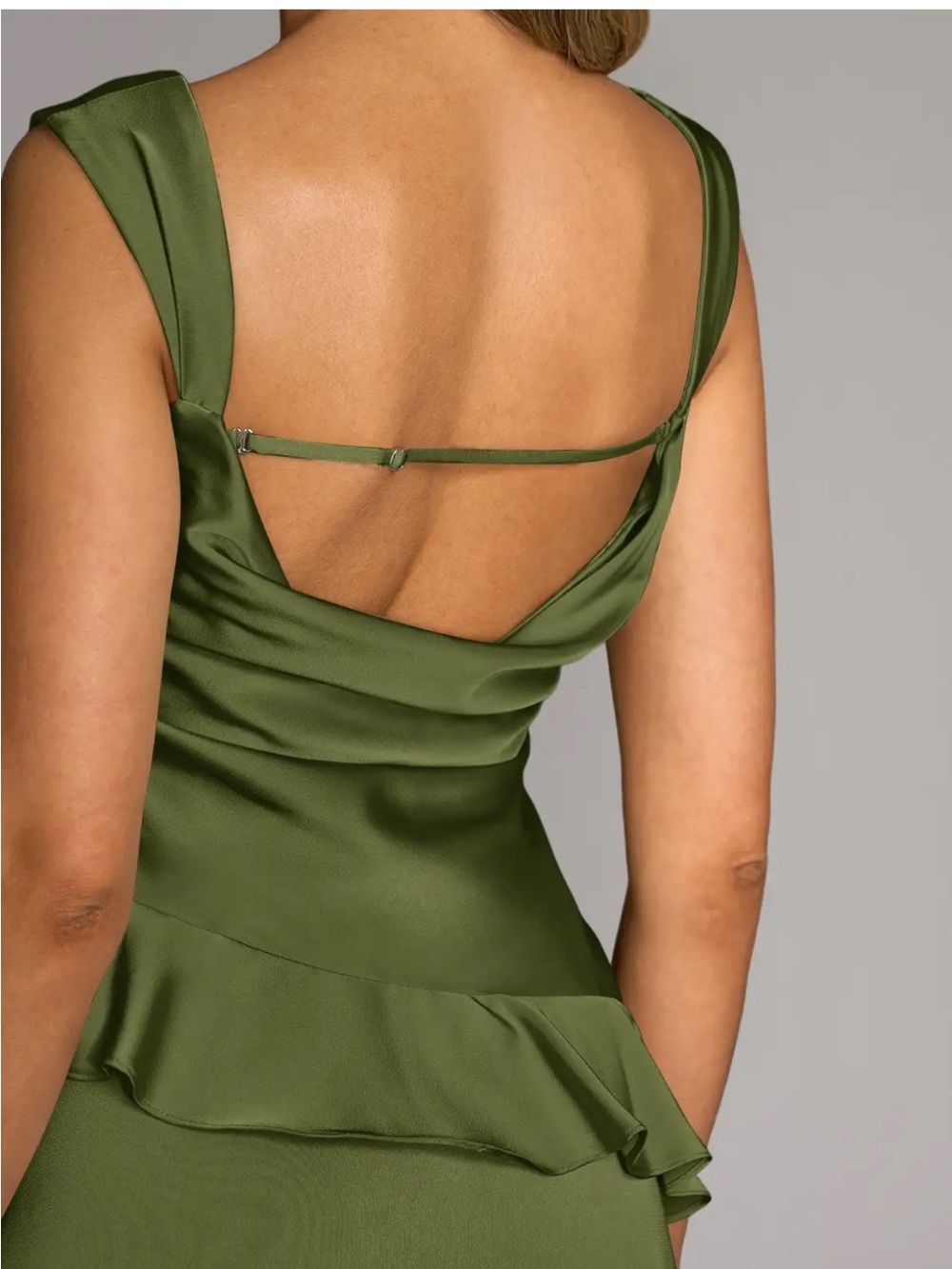 Azazie Olive Green Satin Backless Ruffle Dress